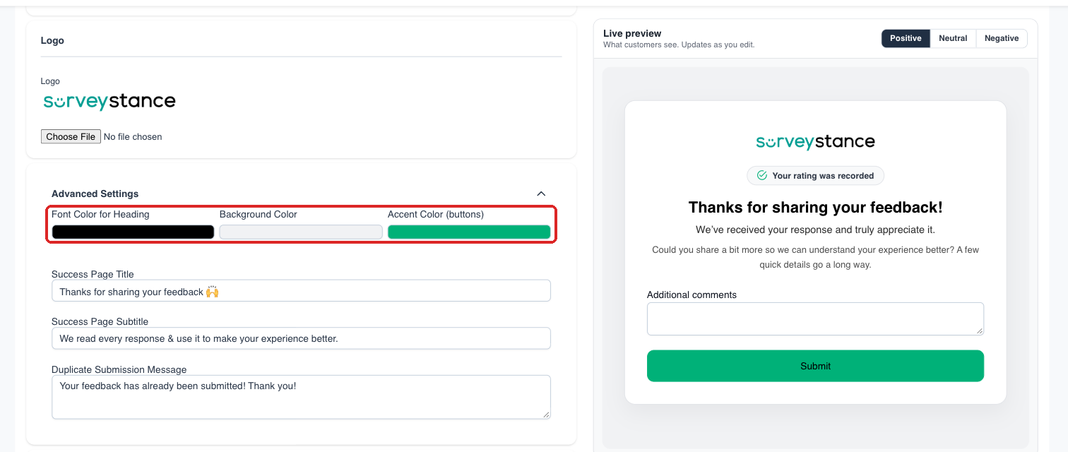 Advanced Settings color options on the landing page editor
