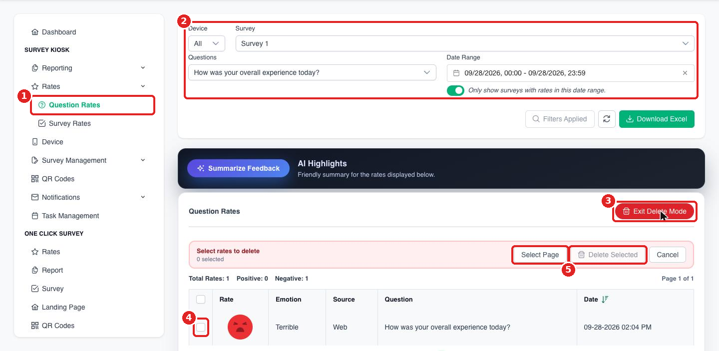 Survey Kiosk Question Rates page in delete mode with the filters, Delete Rates button, rate checkbox, Select Page and Delete Selected highlighted