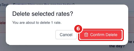 Delete selected rates pop-up with the Confirm Delete button highlighted