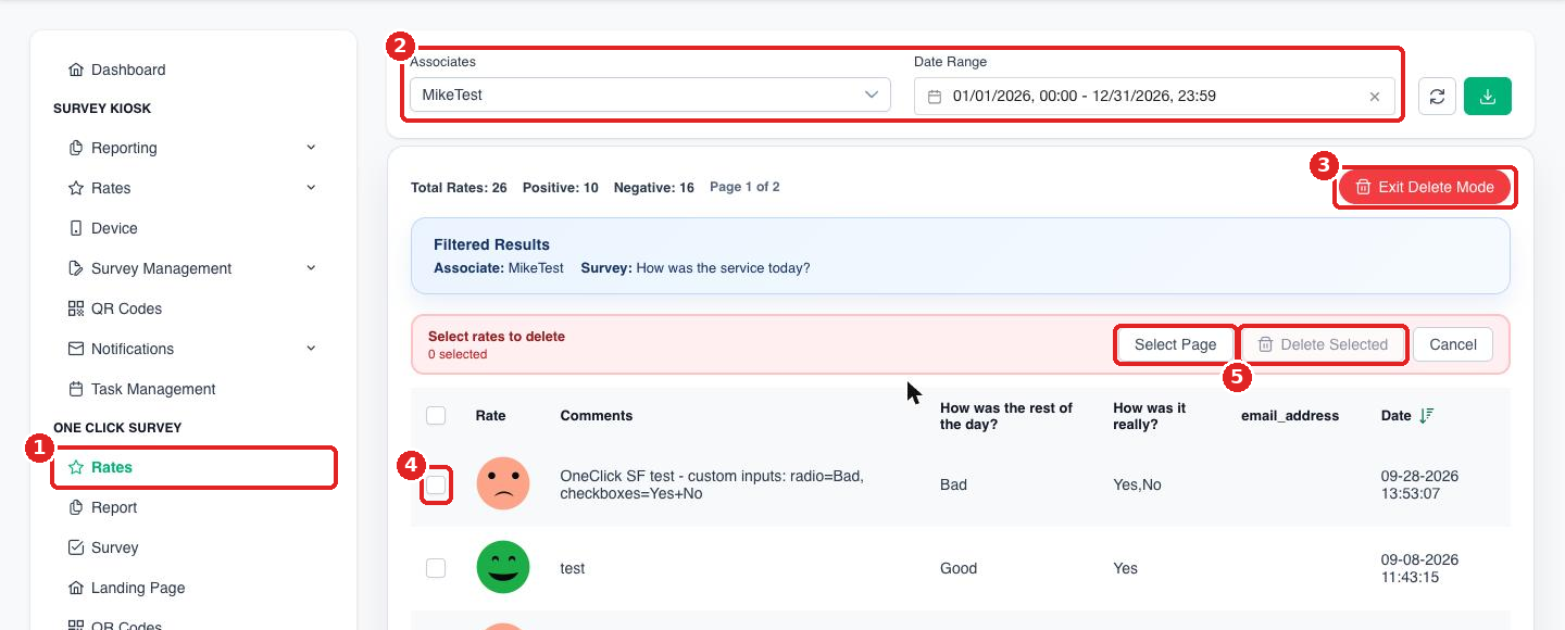 OneClick Survey Rates page in delete mode with the filters, Delete Rates button, rate checkbox, Select Page and Delete Selected highlighted