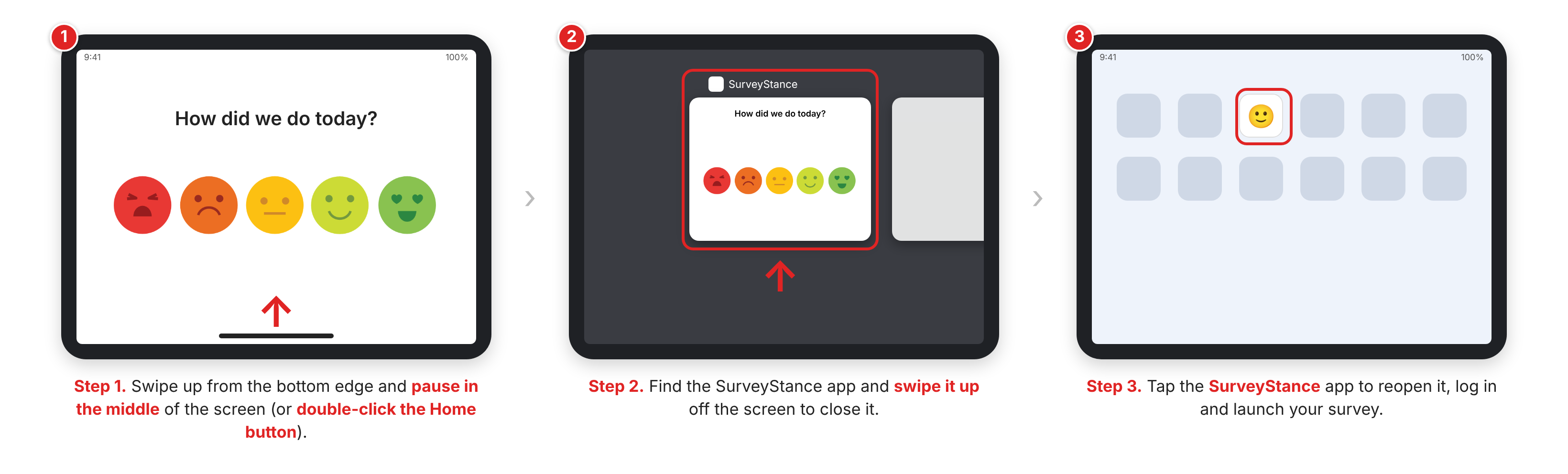 Close and reopen the SurveyStance app on iPad: open the App Switcher, swipe the app up, then tap it to reopen