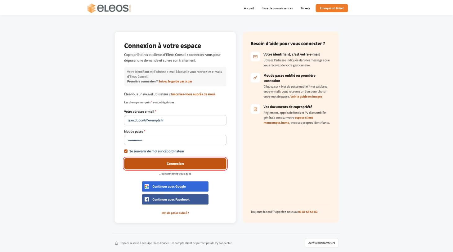 Formulaire de connexion rempli avec l’adresse e-mail et le mot de passe, puis bouton « Connexion »