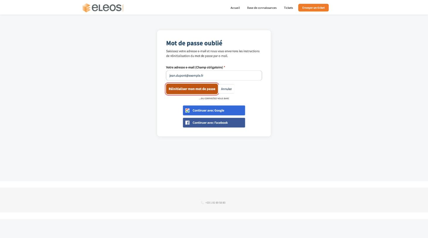 Formulaire « Mot de passe oublié » : saisir son adresse e-mail puis cliquer sur « Réinitialiser mon mot de passe »