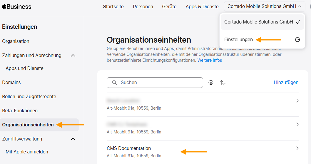 Organisationseinheit auswählen