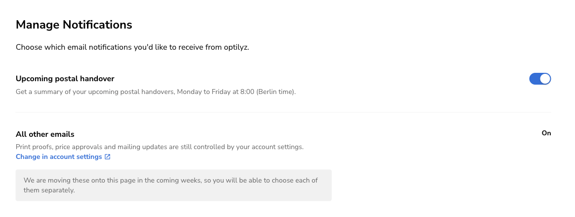 The Manage Notifications page
