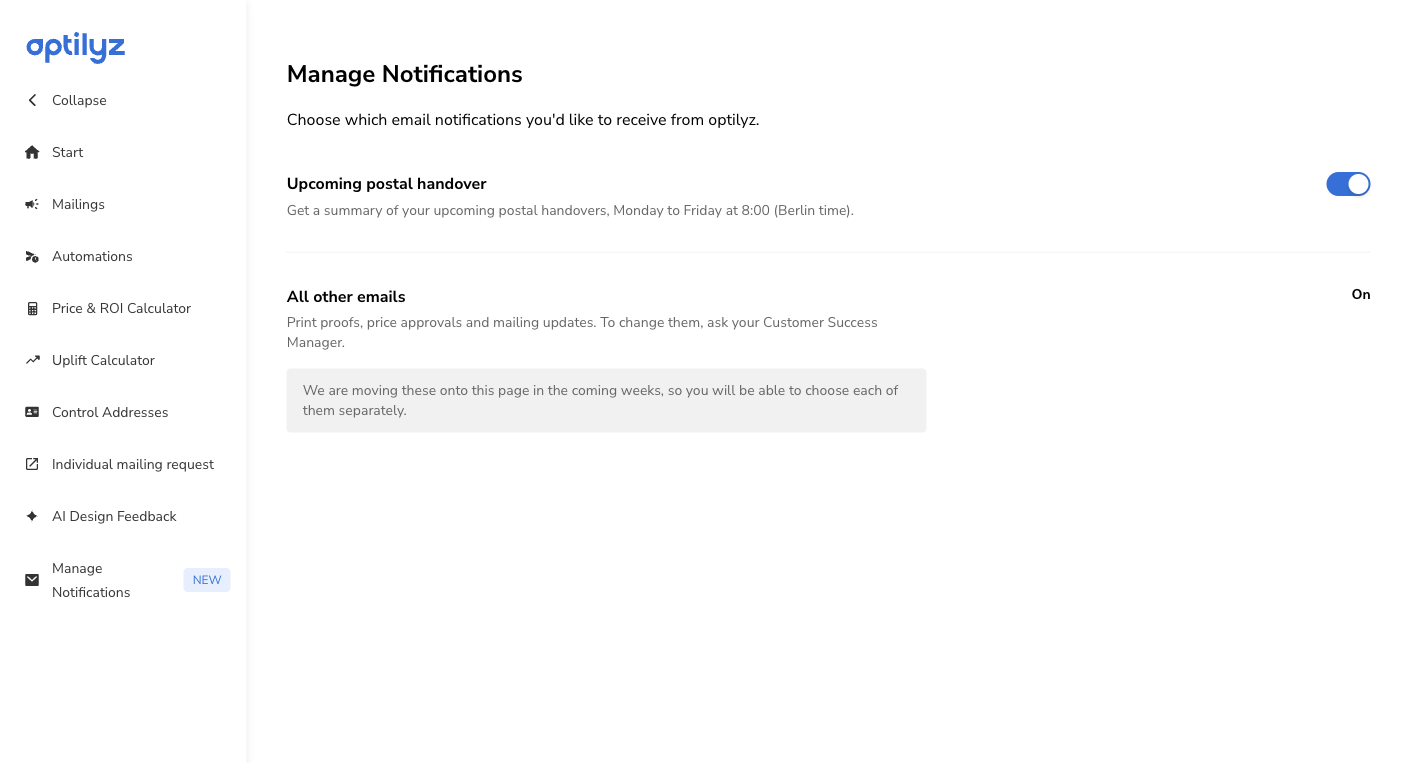 The page when you open optilyz from Emarsys: no Settings entry and no link
