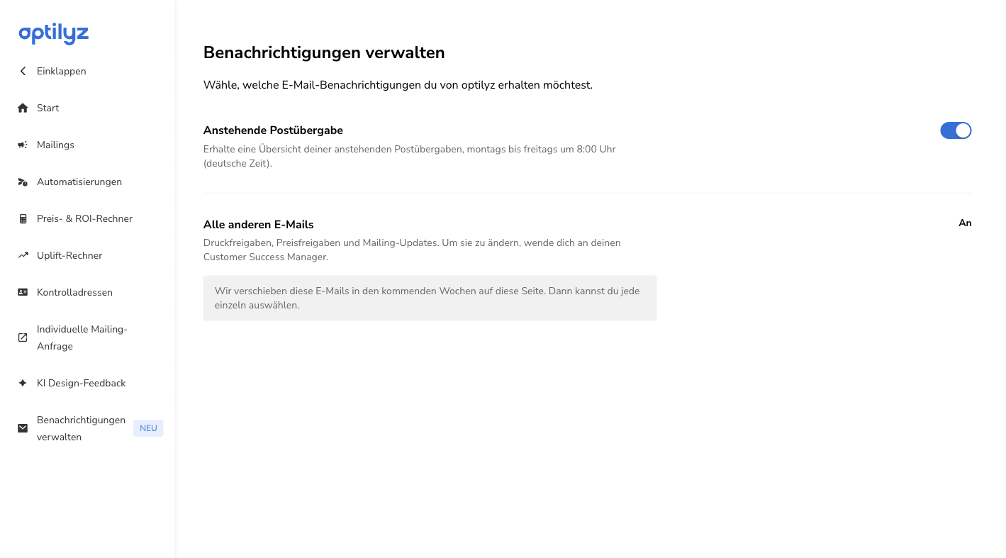 Die Seite, wenn du optilyz über Emarsys öffnest: kein Eintrag Einstellungen und kein Link