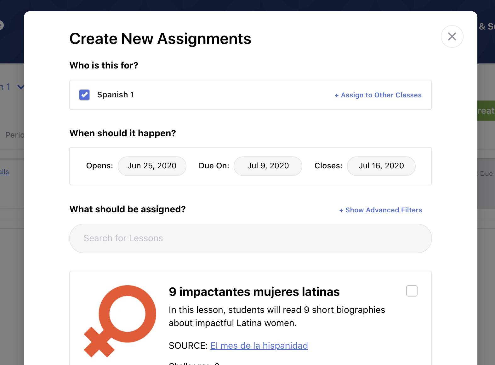 How do I assign a lesson to a whole class? Garbanzo