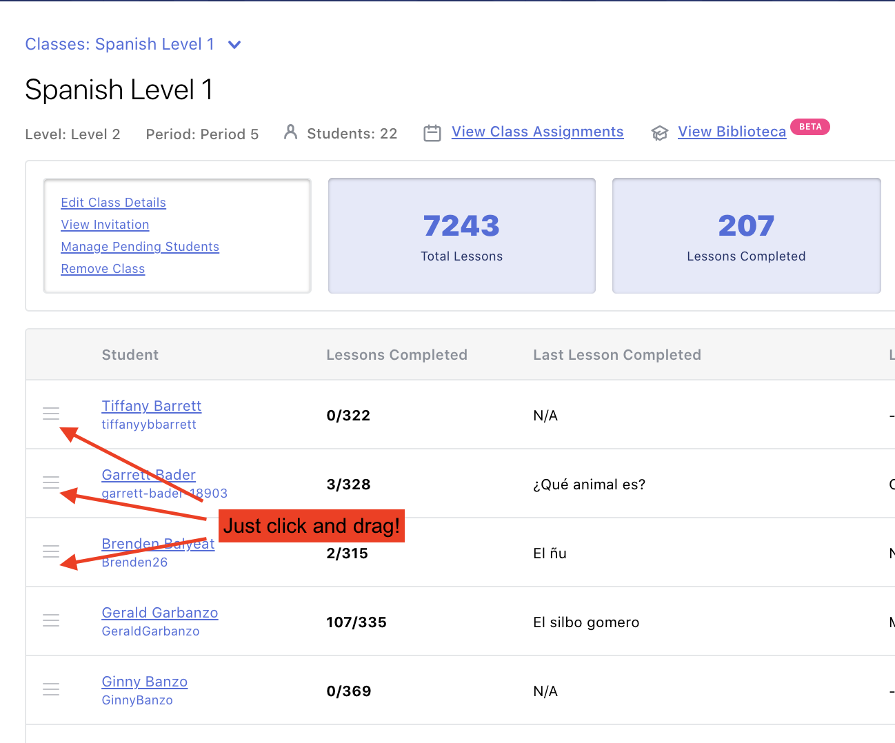 Change Order of Student Roster Garbanzo