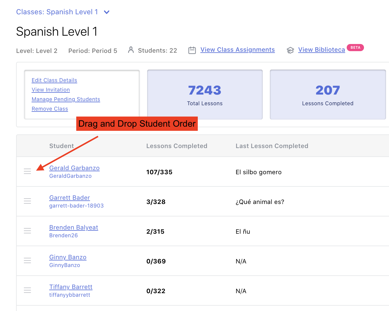 Change Order of Student Roster Garbanzo