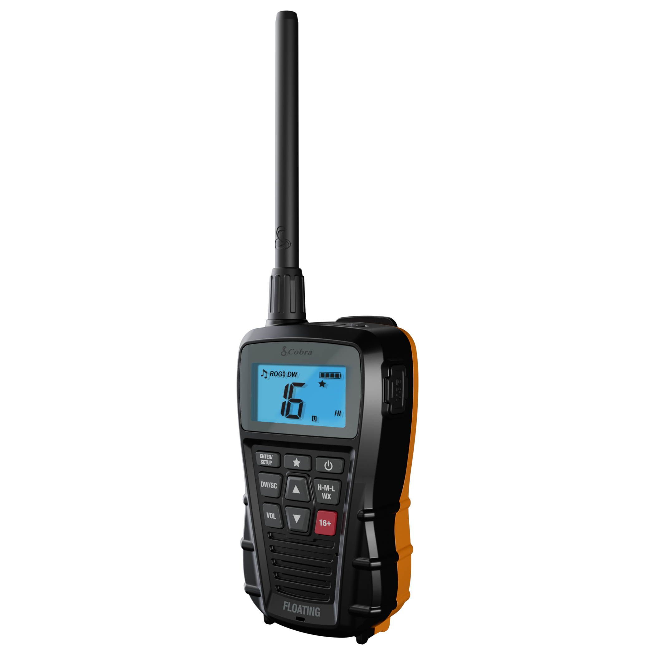 Cobra BlueBound HH150 VHF radio in three-quarters profile.