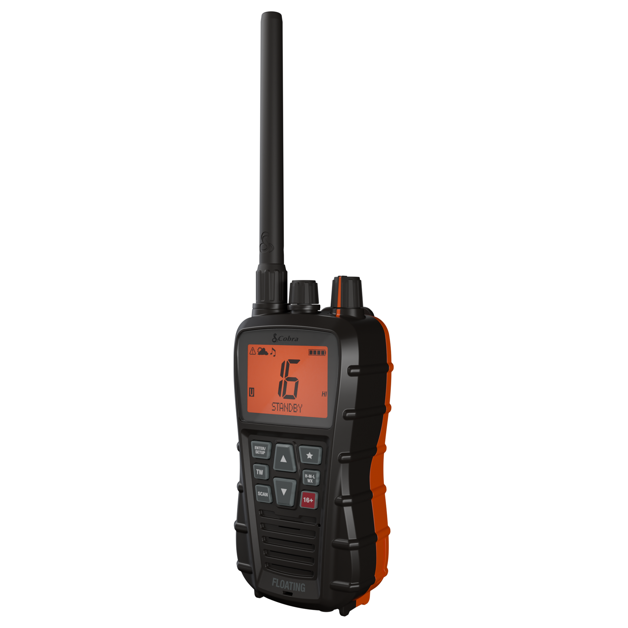 Cobra BlueBound HH350 VHF radio in three-quarters profile.