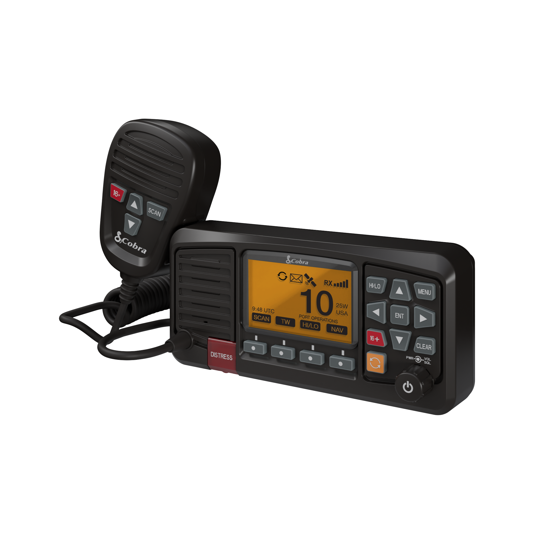 Cobra BlueBound Fixed-Mount 1350 VHF radio in three-quarters profile.