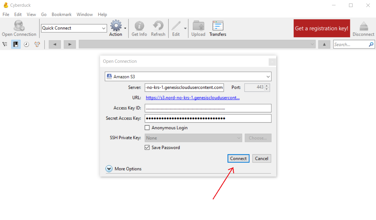 Clicking on "Connect" to establish a connection to Genesis Cloud object storage