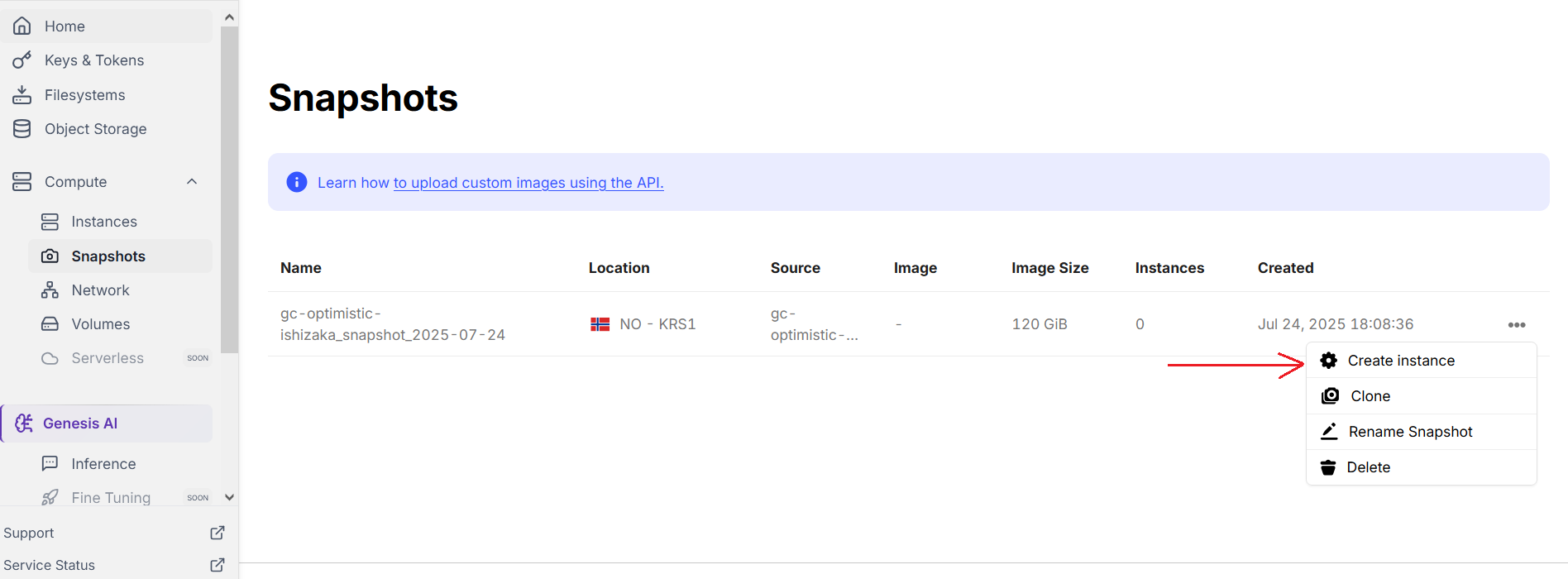 Showing 'how to create instance from snapshot'