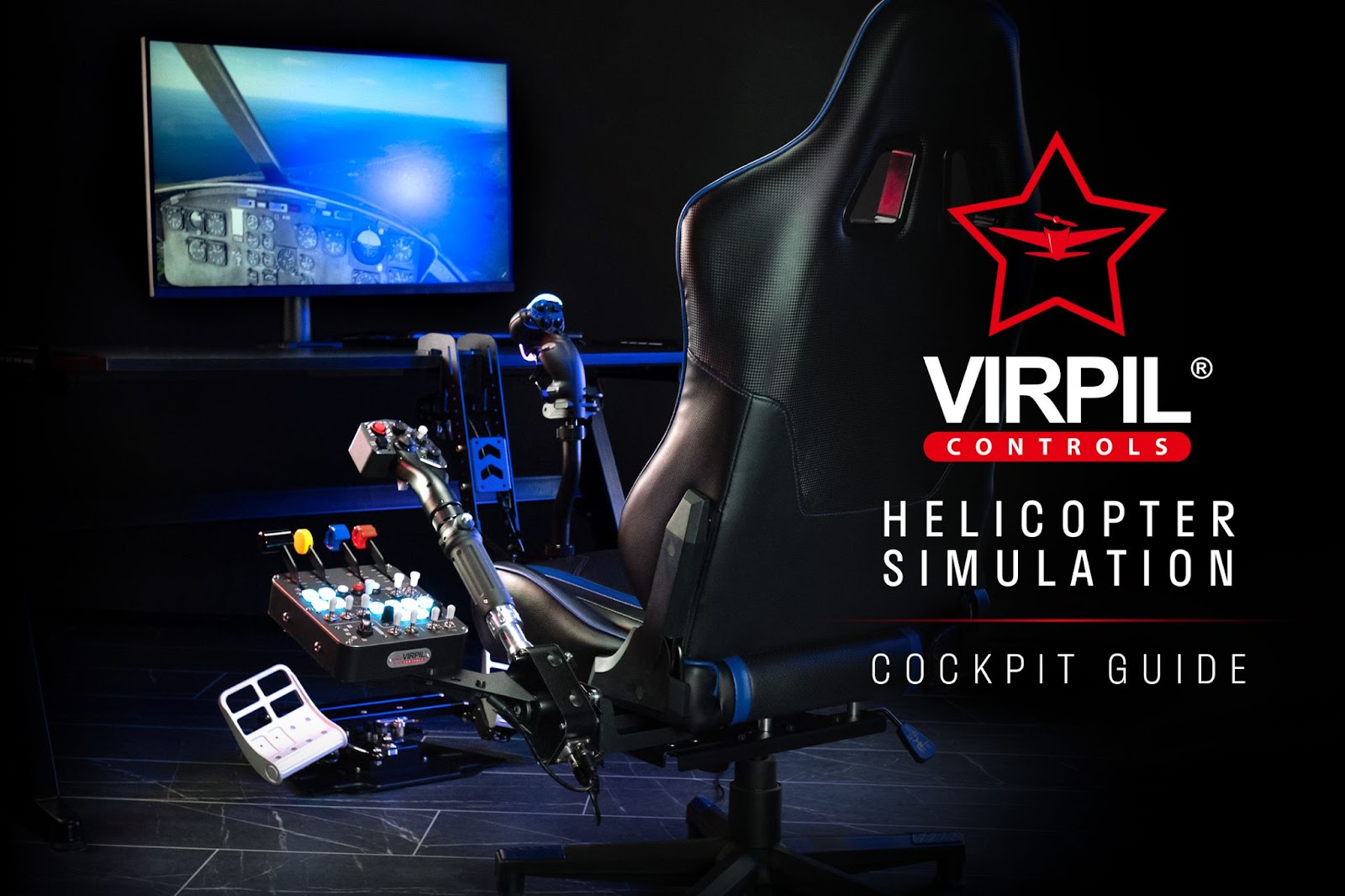 Complete VIRPIL helicopter simulation cockpit with collective control, cyclic stick, and anti-torque pedals in dark gaming room