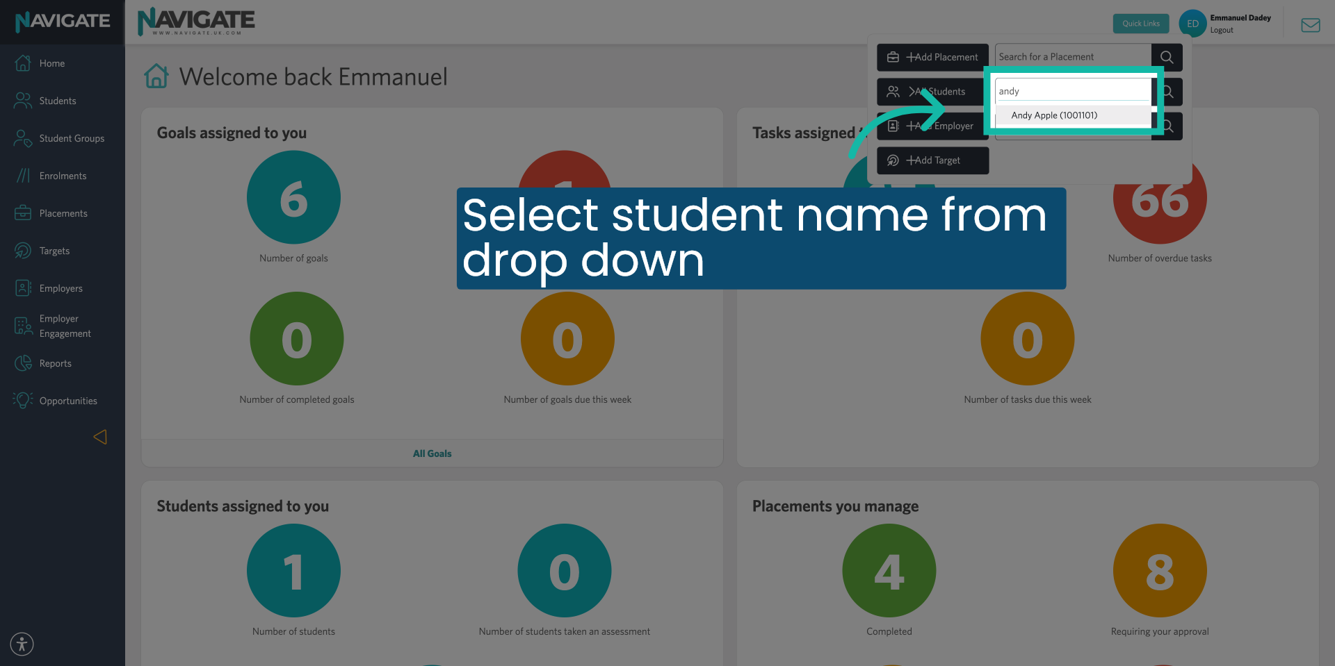Select Student From The Dropdown
