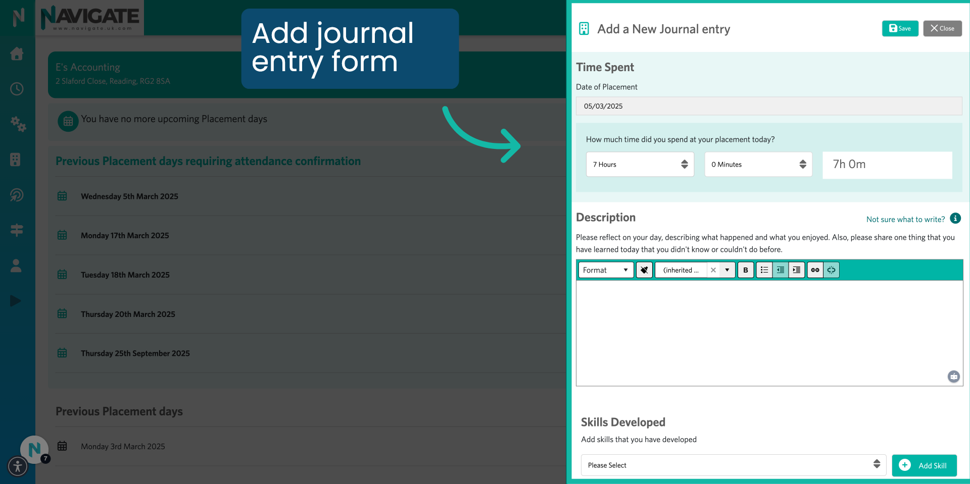 Add Journal entry form