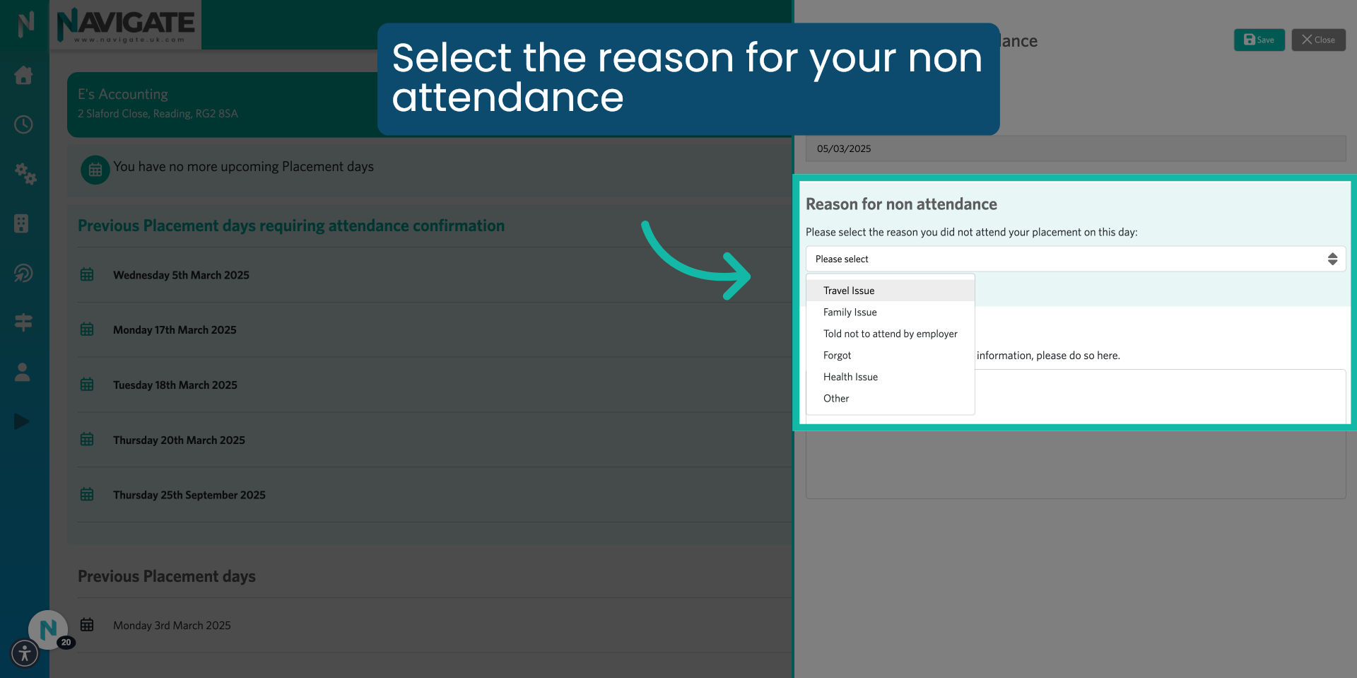 Select reason for non attendance