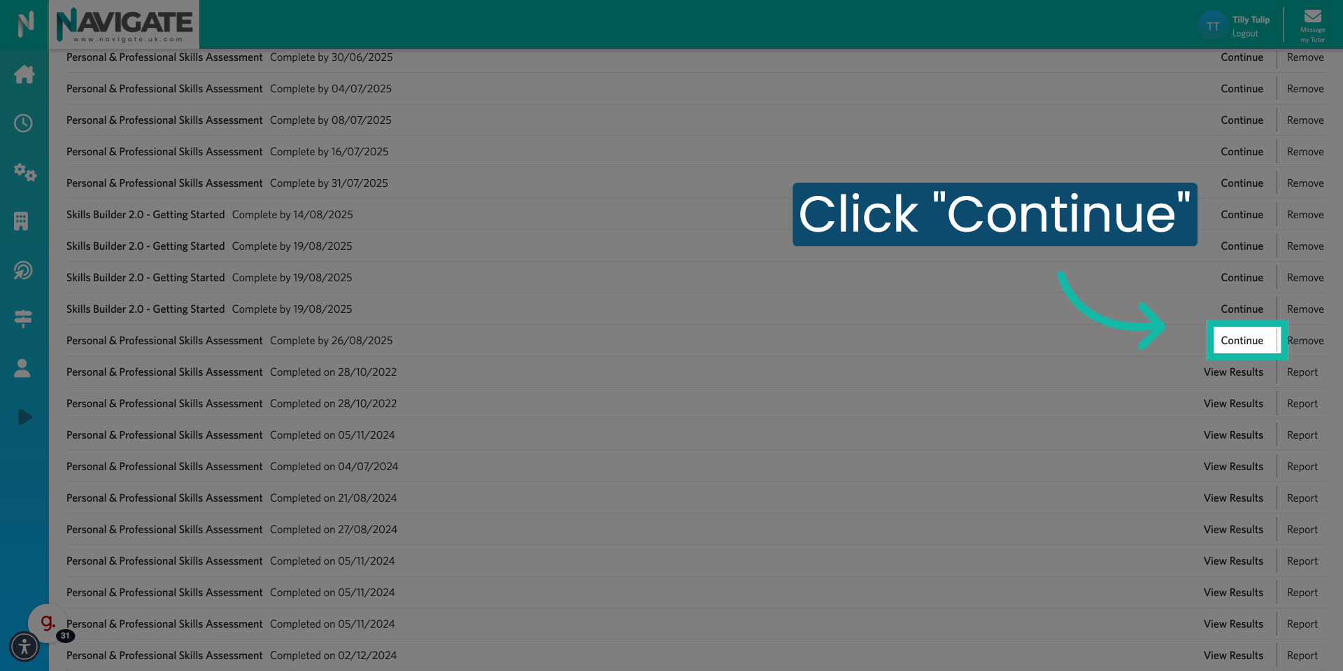 Click 'Continue' to finish the assessment
