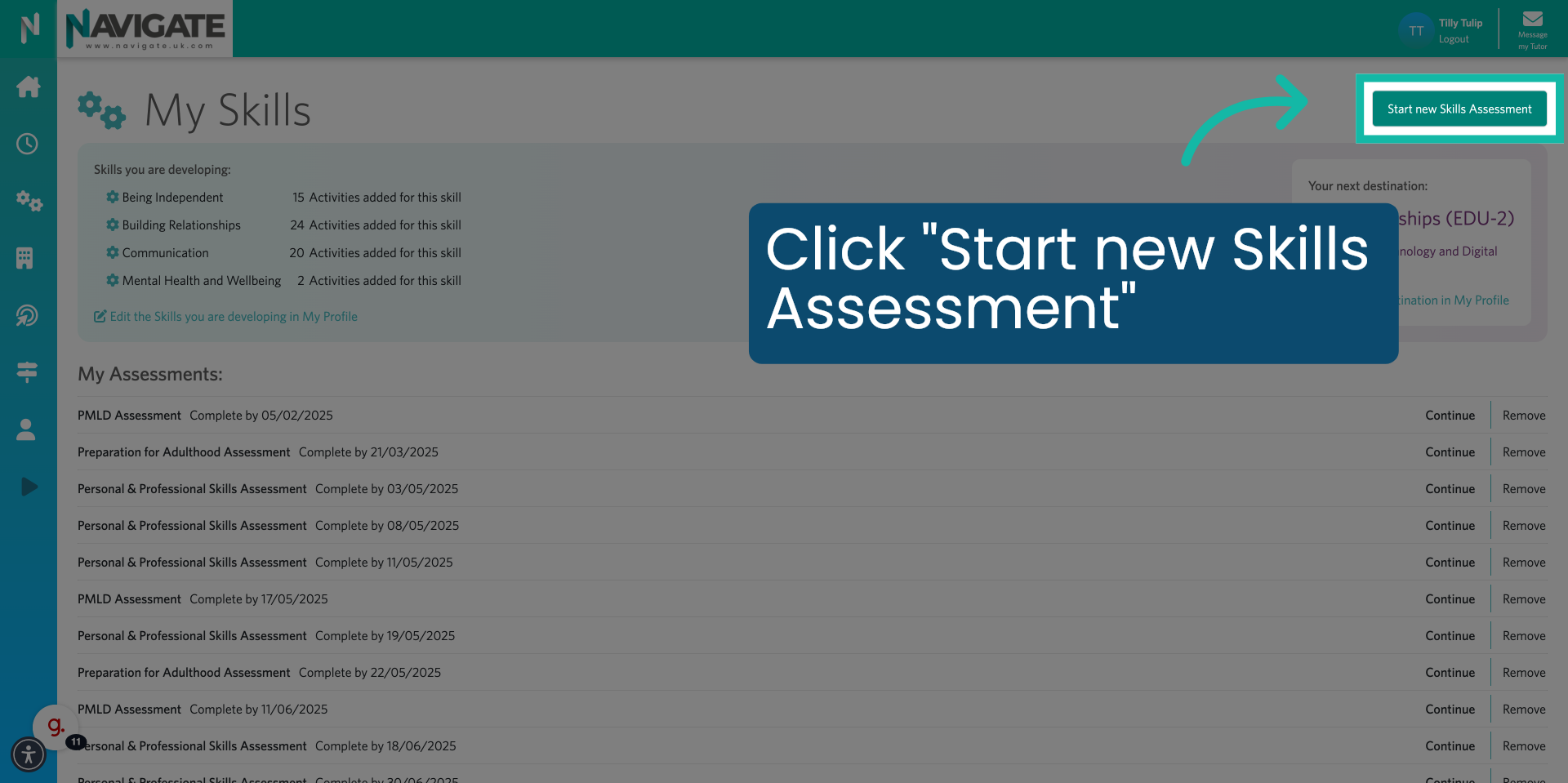 Click 'Start new Skills Assessment'