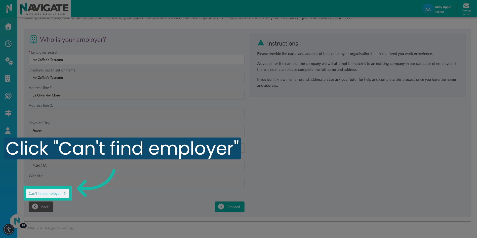 Click 'Can't find employer'