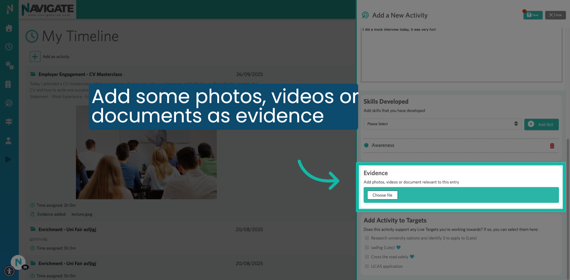 'Add photos, videos or document relevant to this activity'