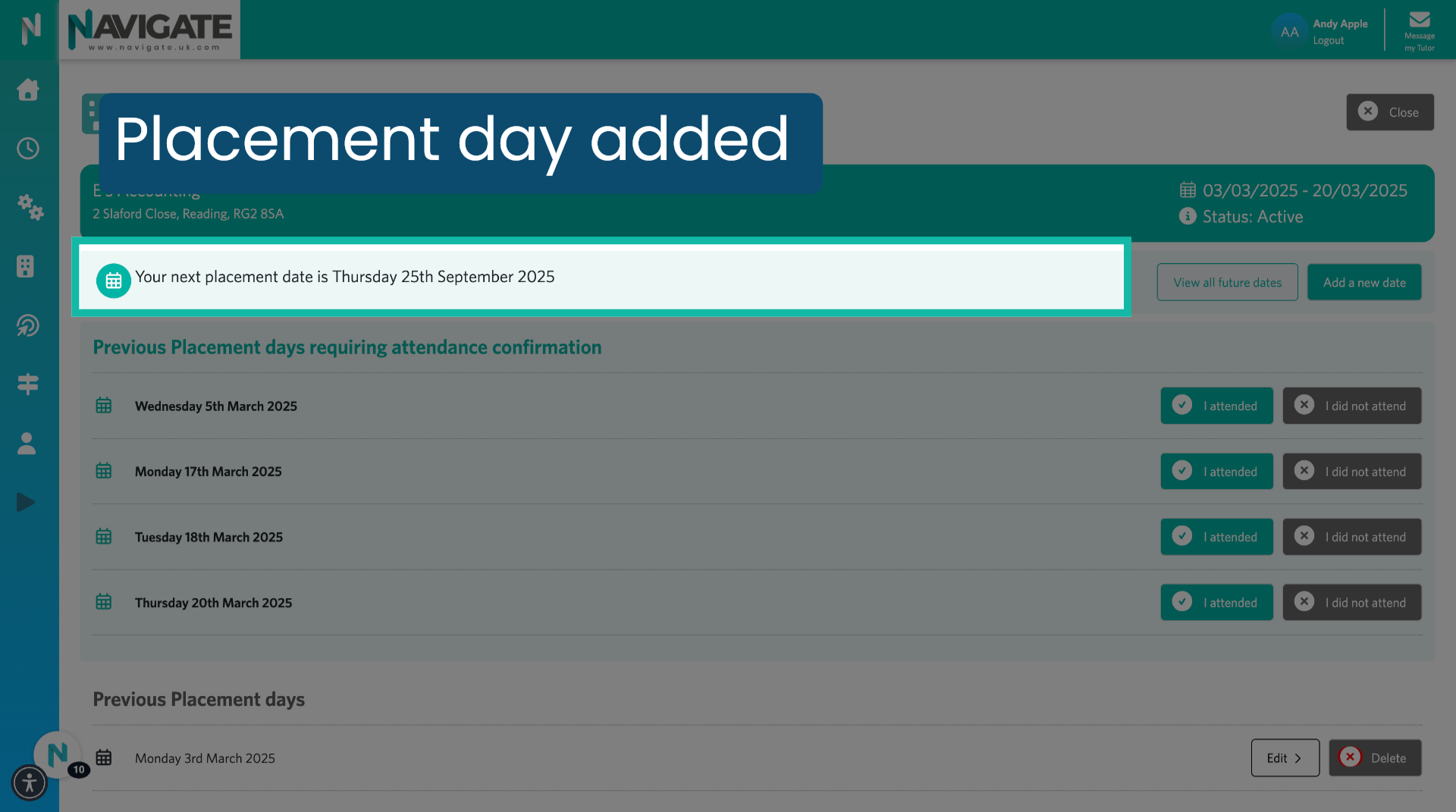 New placement day added
