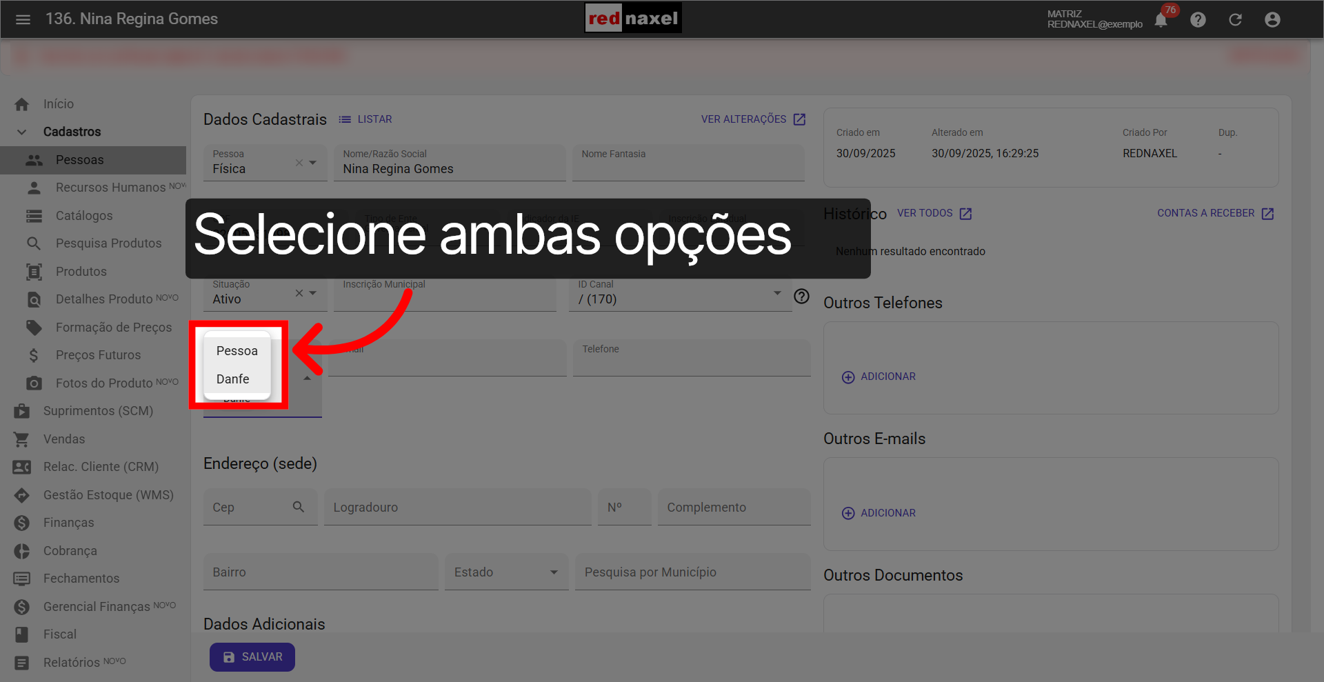 Opções: 'Pessoa' e 'Danfe'