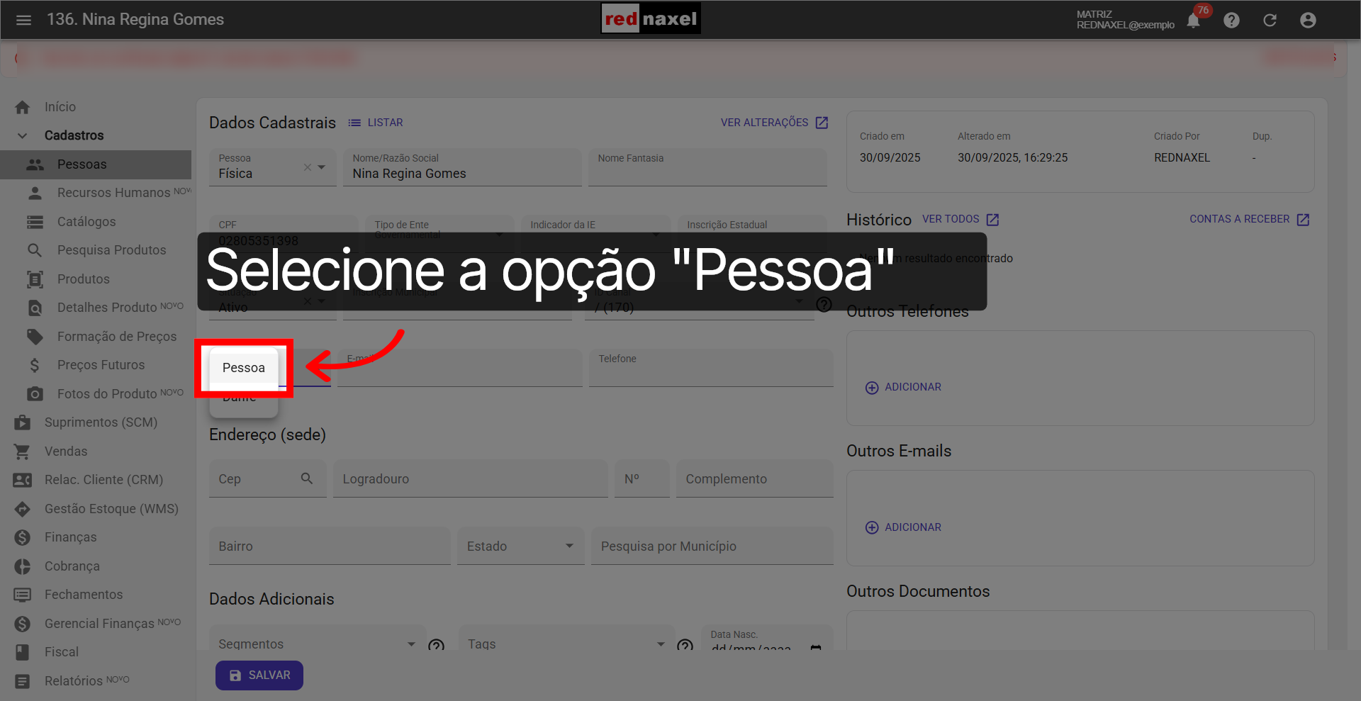 Opção: 'Pessoa'