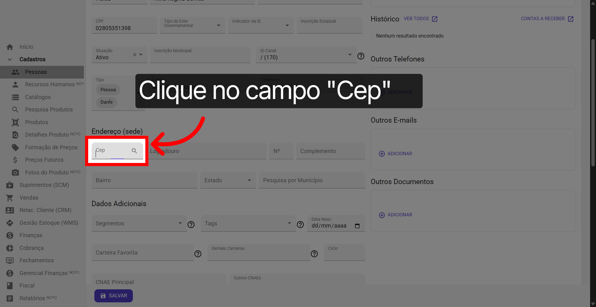 Campo: 'Cep'