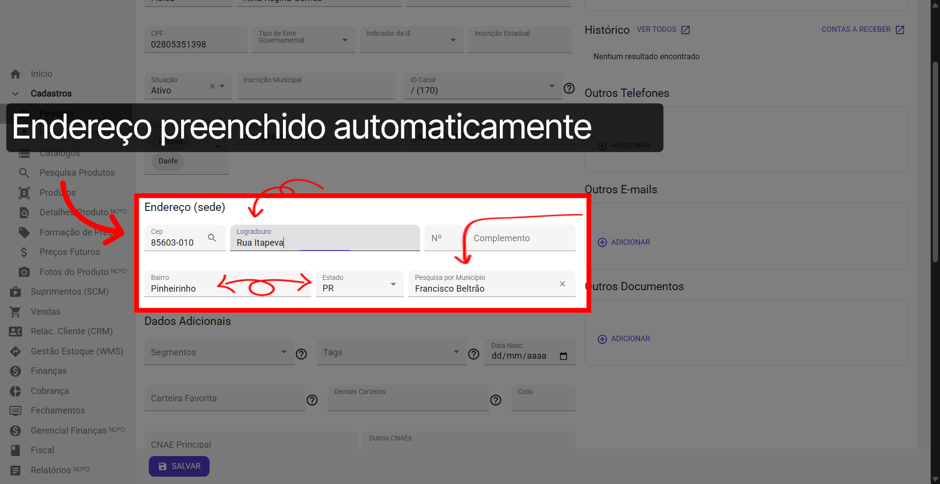 Endereço: Preenchido automaticamente