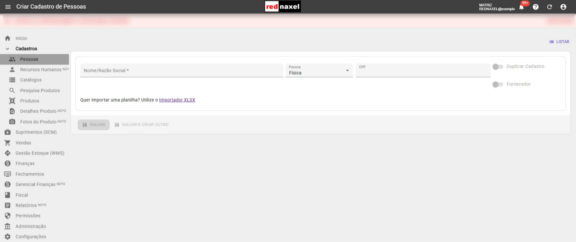Tela: 'Criar Cadastro de Pessoas'