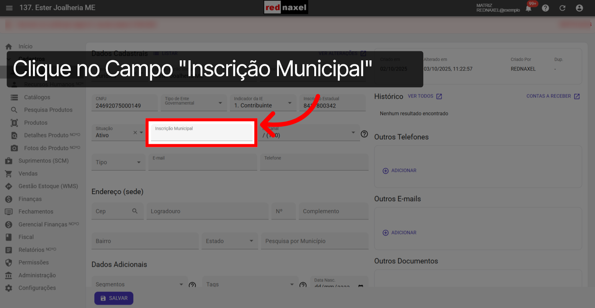 Campo: 'Inscrição Municipal'