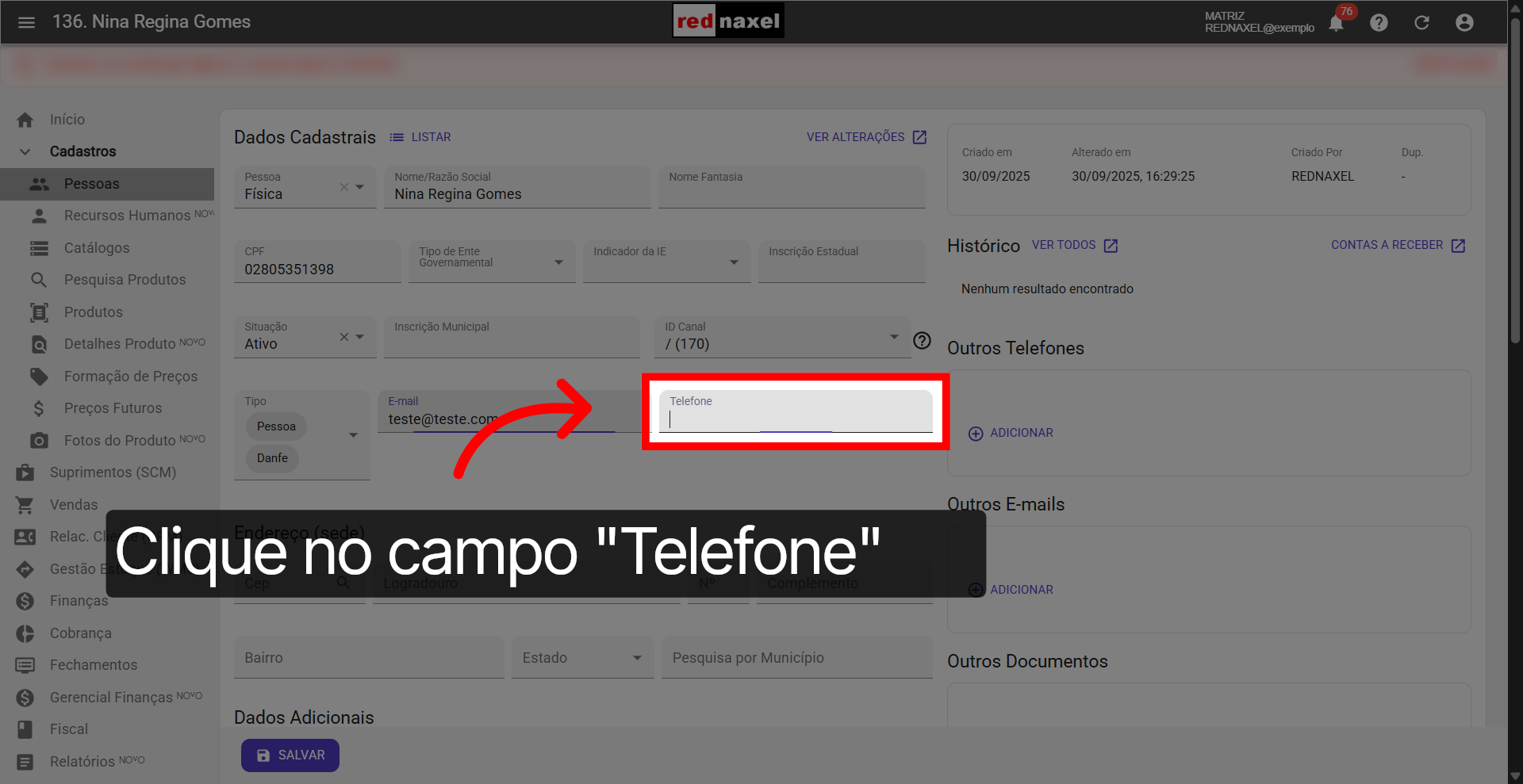 Campo: 'Telefone'