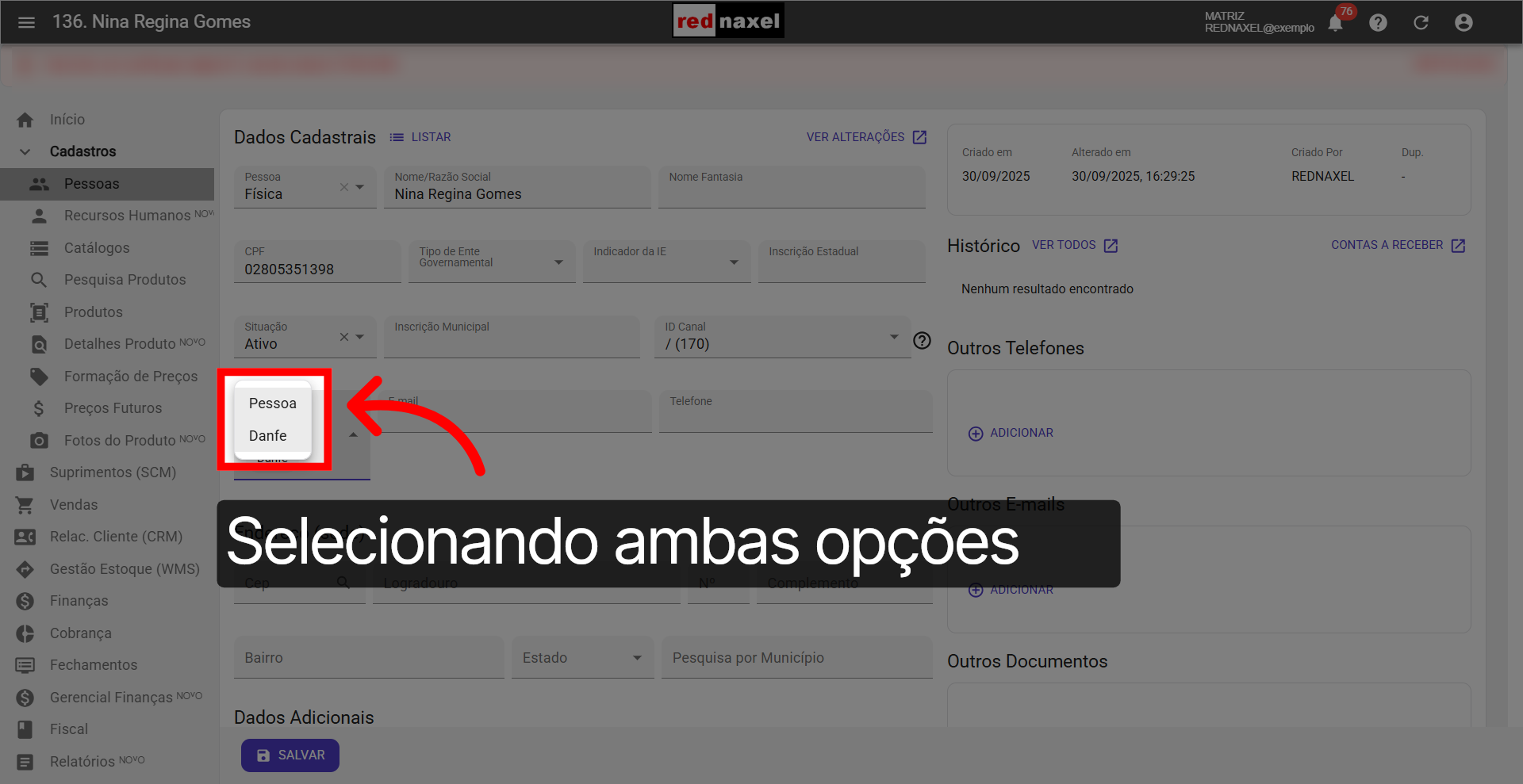 Opções: 'Pessoa' e 'Danfe'