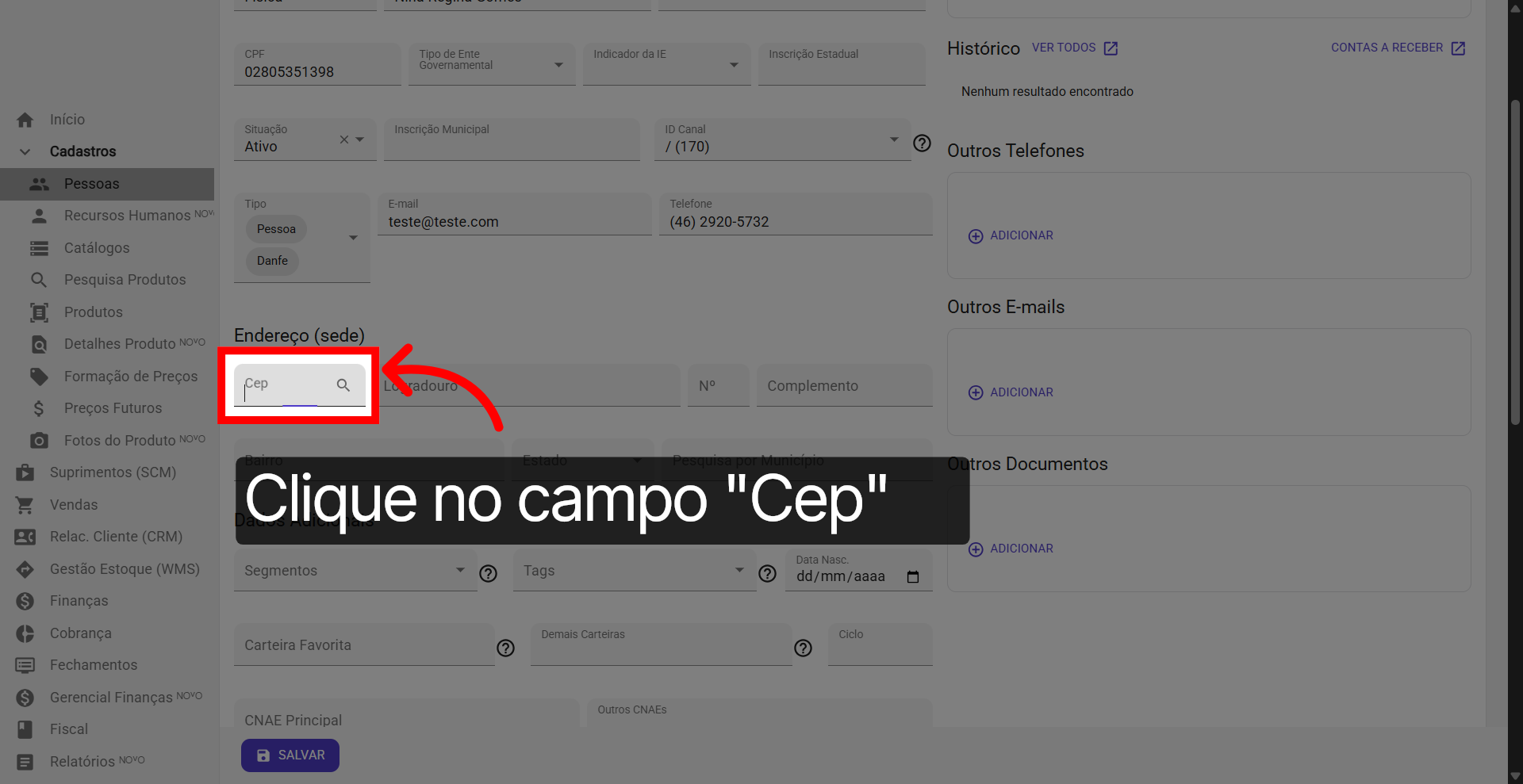 Campo: 'Cep'