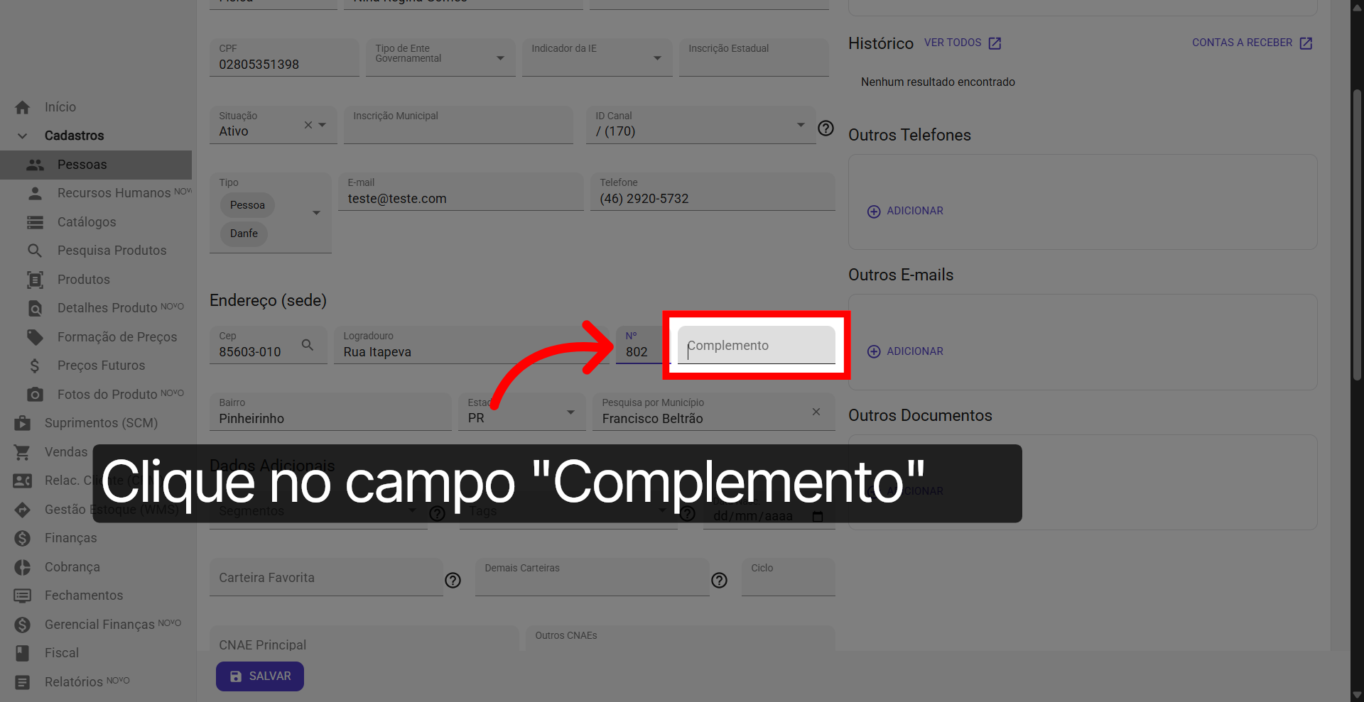 Clique 'Complemento'