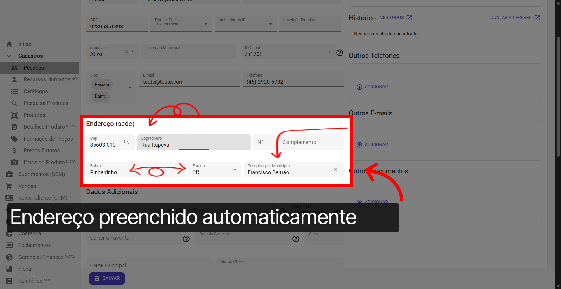 Endereço: Preenchido automaticamente