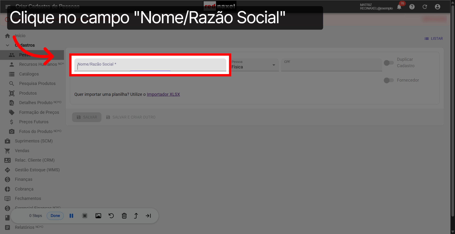 Campo: 'Nome/Razão Social'