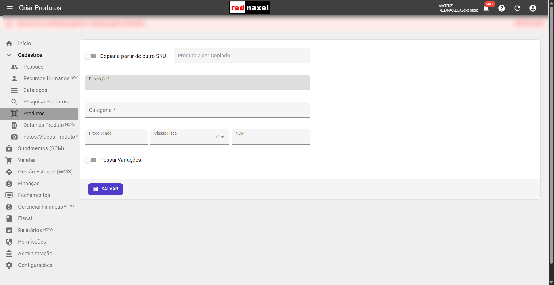 Tela: 'Criar Cadastro de Produtos'