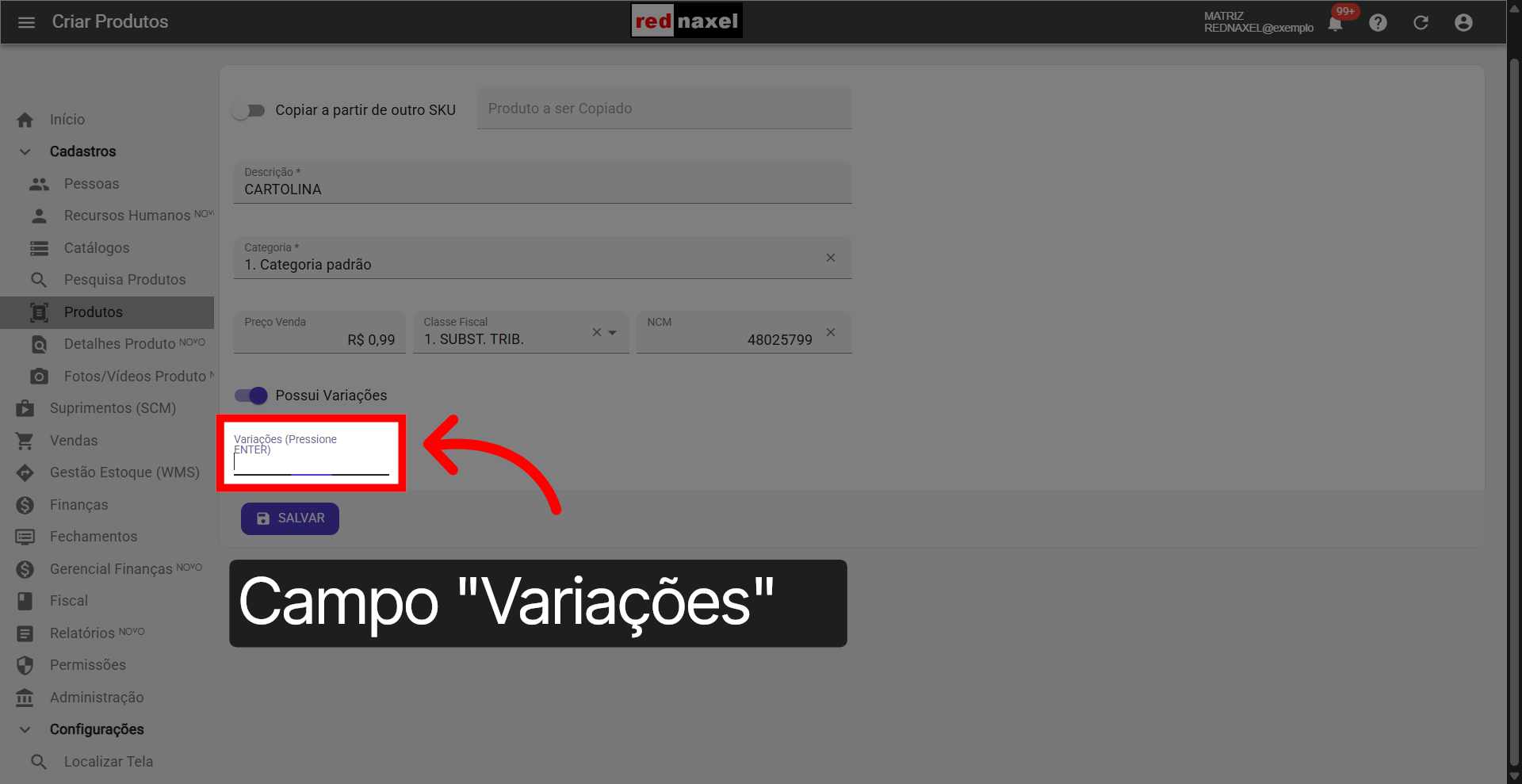 Campo Habilitado: 'Variações'