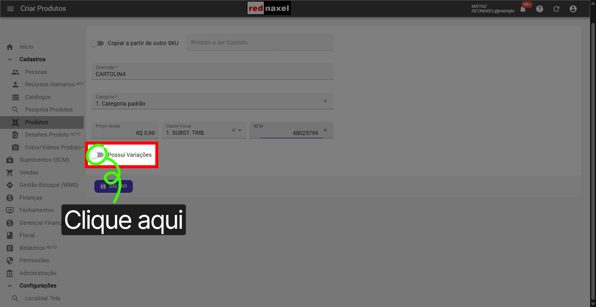 Botão: 'Possui Variações'