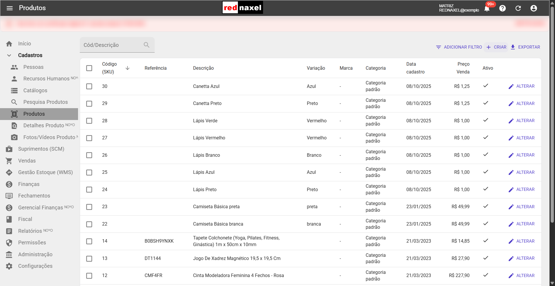 Tela: 'Cadastro de Produtos'