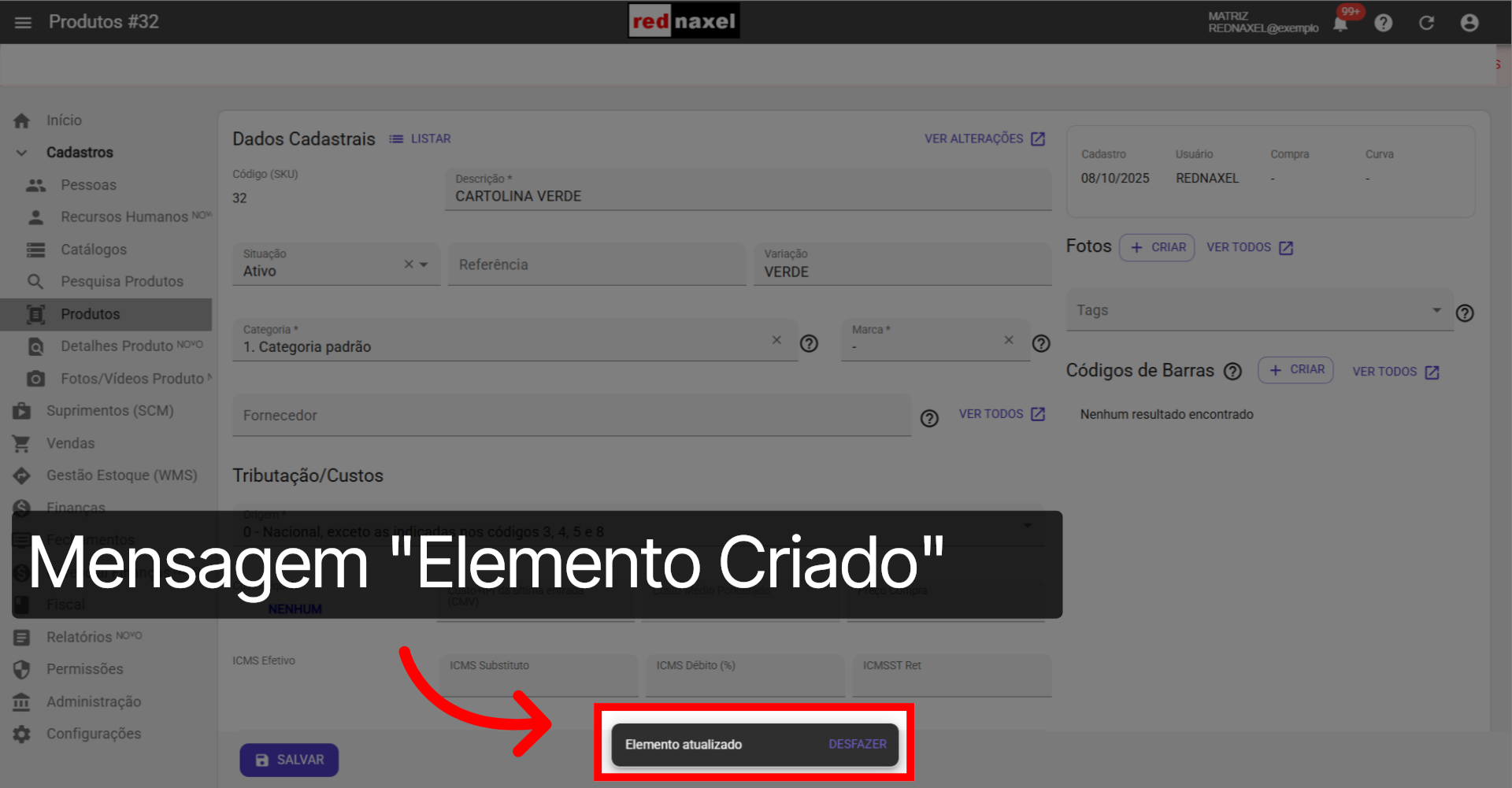 Mensagem: 'Elemento Criado'