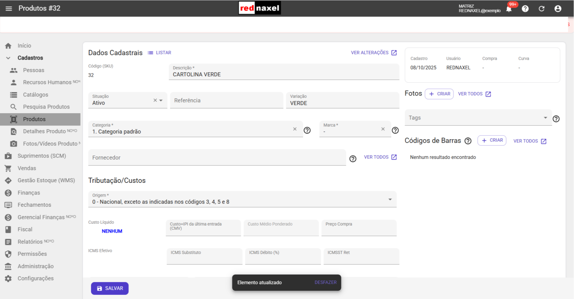 Página: 'Produto Cadastrado'