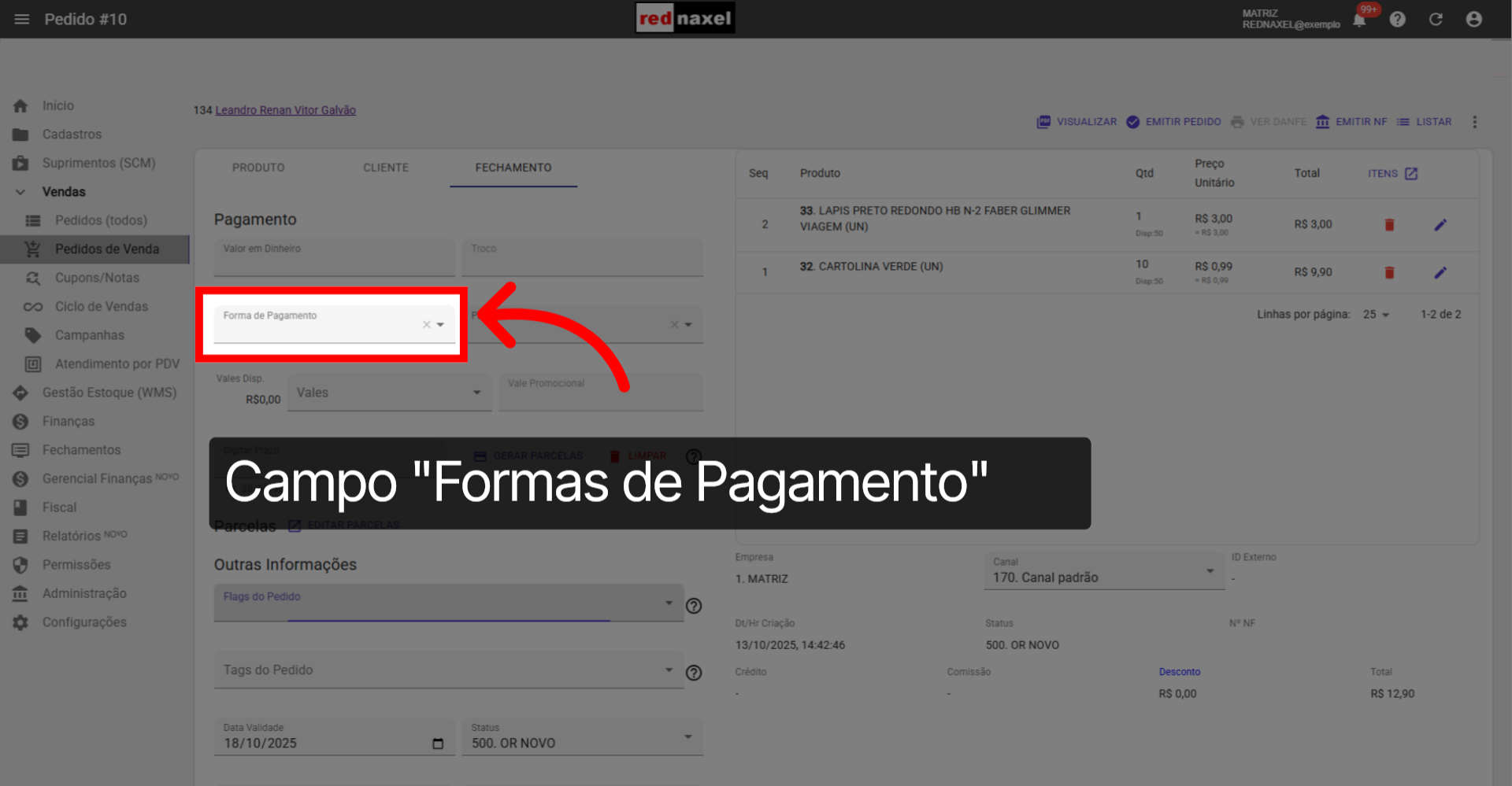 Campo: 'Forma de Pagamento'