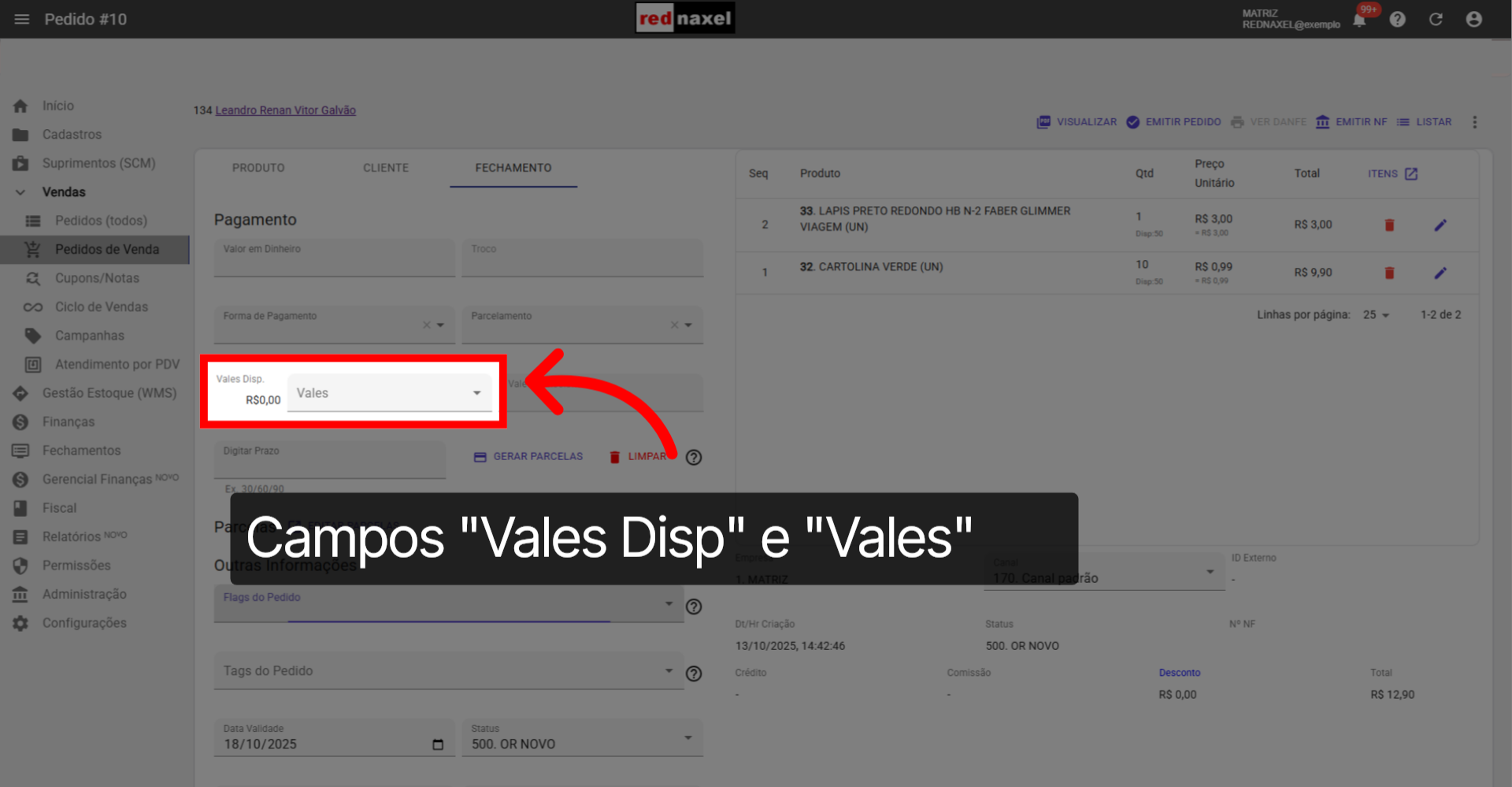 Campos: 'Vales Disponíveis' e 'Vales'