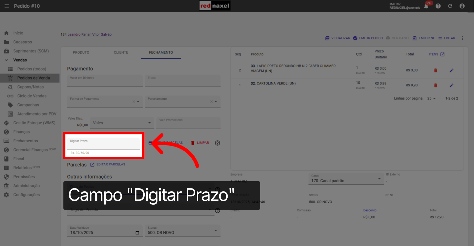 Campo: 'Digitar Prazo'