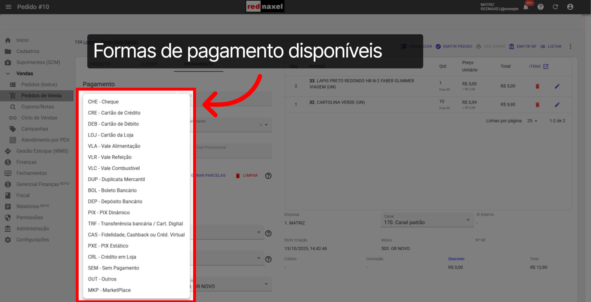 Opções: 'Formas de Pagamento'